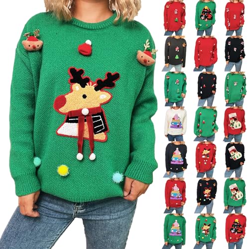 Christmas Jumpers for Women UK 3D Cute Reindeer Women's Pullover Sweaters Fashion Crew Neck Knitted Jumpers Winter Warm Xmas Tops Long Sleeves Loose Sweater Fashion Plus Size Christmas Sweater