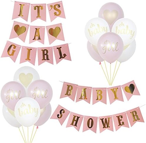 Baby Shower Supplies Set By Happy Momma: Party Decorations For Girls, IT’S A GIRL Banner, 12 Pink And White Balloons, Gold Ribbon – Cute Photo Props And Decor For Birthday And Gender Reveal Parties