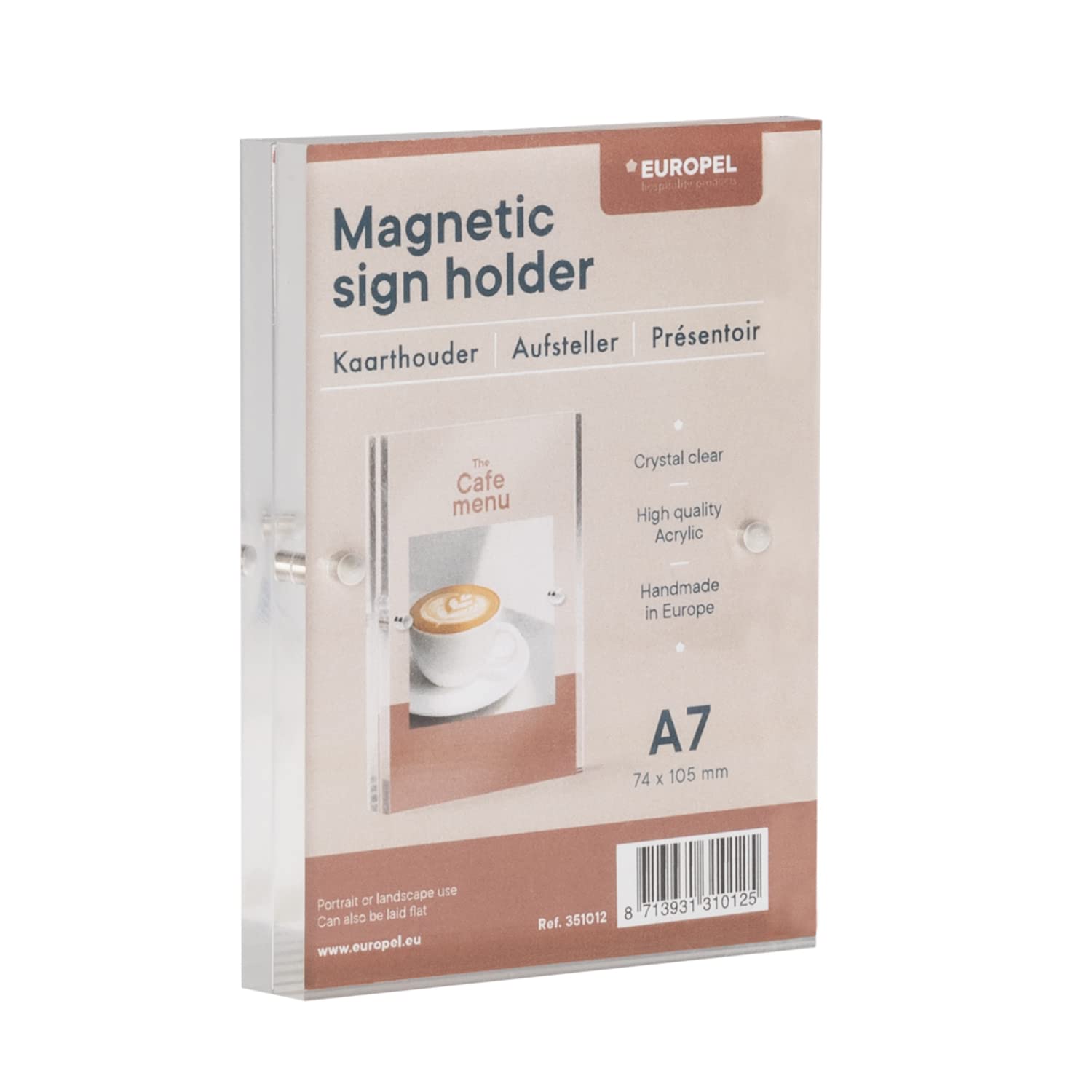 Europel Luxe Magnetic Sign Holder A7, Portrait or Landscape, Acrylic, 2x10mm, Menu&Leaflet Display Holder for Restaurants, Hotels, Conference & Reception, Free Standing&Double Sided, Transparent — image 1