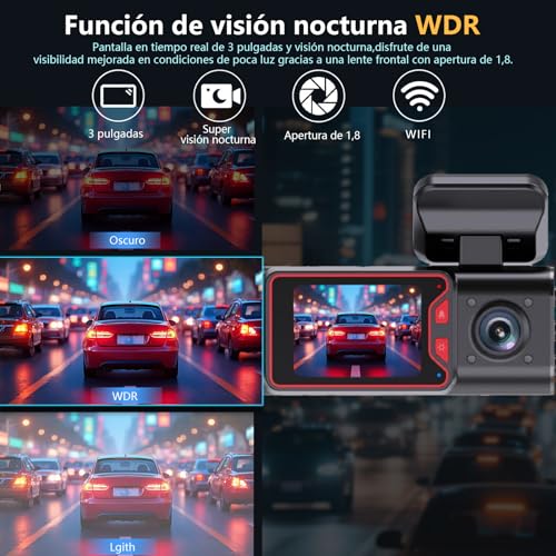 Dashcam Frontal y Trasera Dos en Uno Frontal 4K + Trasera 1080P, Gran Angular 170°, Amplio Rango Dinámico (WDR), Función de Visión Nocturna, G-Sensor, 24H Monitor de Estacionamiento, Control WiFi