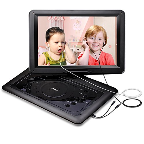 DR.J 14.1 inch 7 Hours Portable DVD Player, with Build-in 6000mAh Rechargeable Battery, 270°Swivel Screen, 5.9 ft Car charger and Power supplier, SD Card Slot and USB Port ( 2 x Earphones )