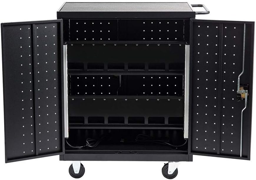 30 Device Mobile Charging and Storage Cart for iPads, Chromebooks and Laptop Computers, Up to 13-inch Screen Size, Surge Protection, Front & Back Access Locking Cabinet : Office Products