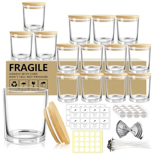 VIRIDIANA Paquete de 15 Tarros de Velas - 6 oz Vidrio Pequeño con Tapas, Kit para Hacer Velas, 18 Pegatinas, Tarro de Vidrio Multifuncional para Regalos, Especias, Manualidades, Regalo de Boda