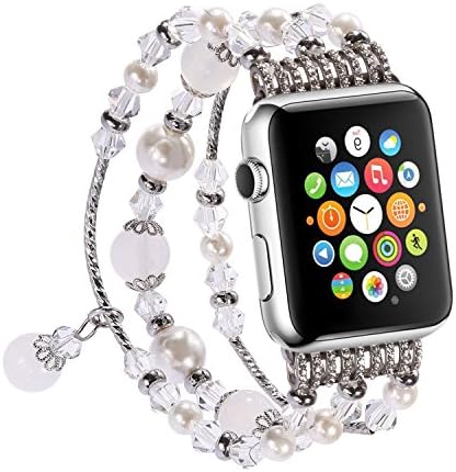 For Apple Watch Band, iWatch Band, Yuanli Apple Watch Strap with Fashion Handmade Elastic Stretch Faux Pearl Natural Stone Bracelet Strap for Apple Watch Series 1 Series 2 Series 3 (White, 42mm)