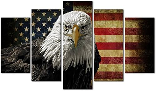 Melody Art-5 Piece American Flag Eagle Hawk Decorative Wall Art Oil Painting on Canvas Modern Artwork 5 Panels Stretched and Framed for Home Bedroom Living Room Office Decor and housewarming gift