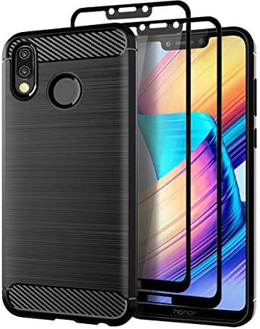 Teayoha Case for Honor Play, with Tempered Glass Screen Protector [2 Pack], Carbon Fiber Scratch Resistant, Shock Absorption Soft TPU Drawing Protective Cases Cover - Black