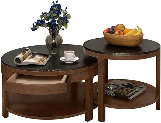Nesting Coffee Table 2tier with Drawer, Round Sofa End Side Table