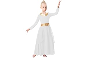 REXREII Kids Girls Praise Dance Robe Metallic Waistband Long Sleeve Liturgical Worship Dress Chiffon Skirt Lyrical Costume