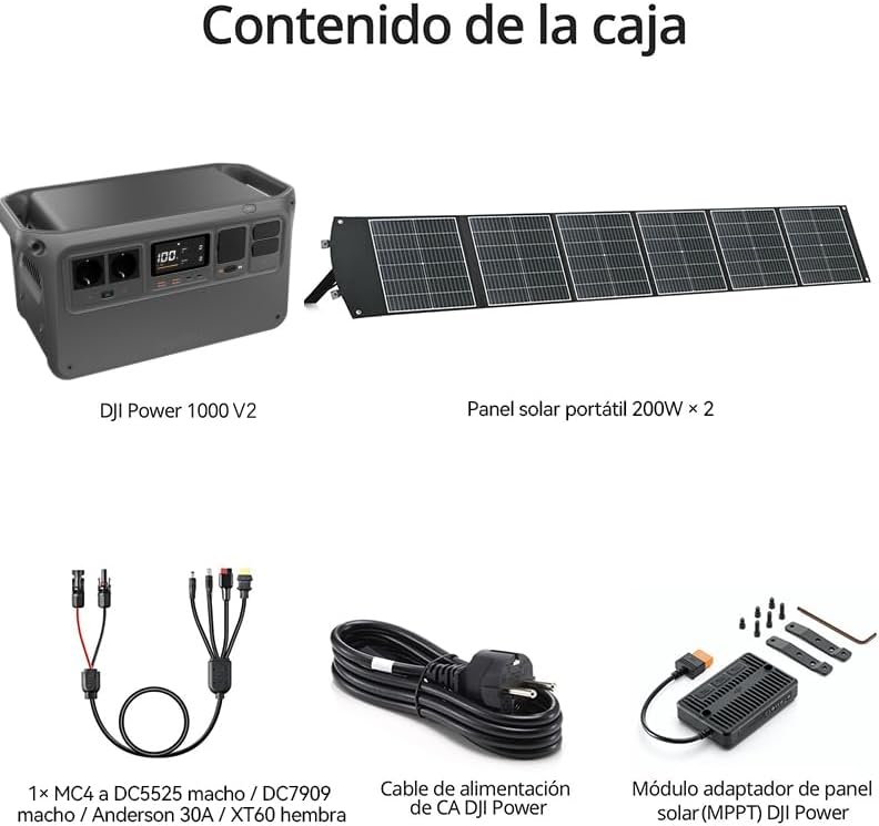 Power 1000V2 Estación de energía portátil 1024Wh, con 2 x panel solar plegable 200W, adaptador DC5521 hembra a Anderson 30A/XT60 hembra, adaptador DC 3-en-1,1 x MPPT.