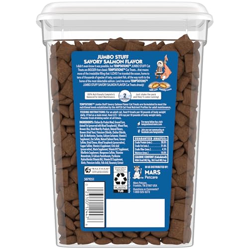 TEMPTATIONS JUMBO STUFFED CAT TREATS, CRUNCHY AND SOFT CAT TREATS, SAVORY SALMON FLAVOR, 14 OZ. TUB