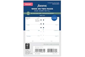 Filofax Calendar Diary Refill, Pocket Size, Week-to-View, White Paper, Unruled, English, 2026 (C68221R-26)