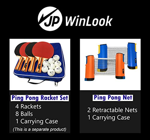 JP WinLook Ping Pong Net - 2 Pack; Retractable Table Tennis Nets & Post Set; Adjustable Any Table Anywhere; Portable Holder Cover Case; Indoor Outdoor Game Replacement Accessories; Bracket Clamps
