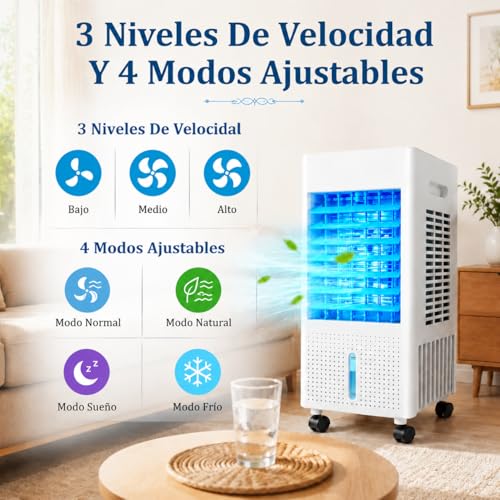 NOMEY 4 En 1 Enfriador de Aire Portatil, 13L Tanque Aire Acondicionado Portatil, 4 Modos 3 Velocidades, Apagado Automático, Temporizador de 7.5h, 20H de Enfriamiento, Ideal Para Dormitorios, Oficinas