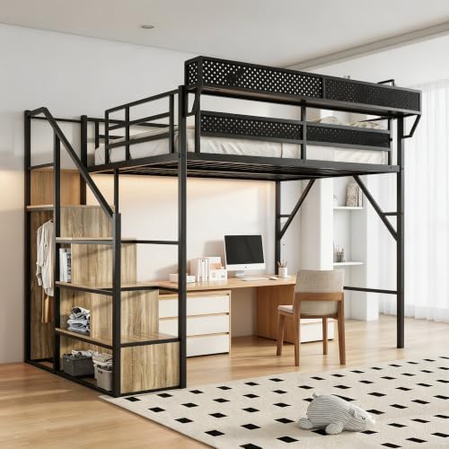 Queen Size Metal Loft Bed with Reversible Stairs and LED & USB