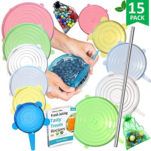 Silicone Stretch Lids 12pcs XXL, Metal Drinking Straw + 2 Gift bags, Various Sizes and Shape of Containers, Reusable, Durable + Expandable Food Covers, Keeping Food Fresh, Dishwasher