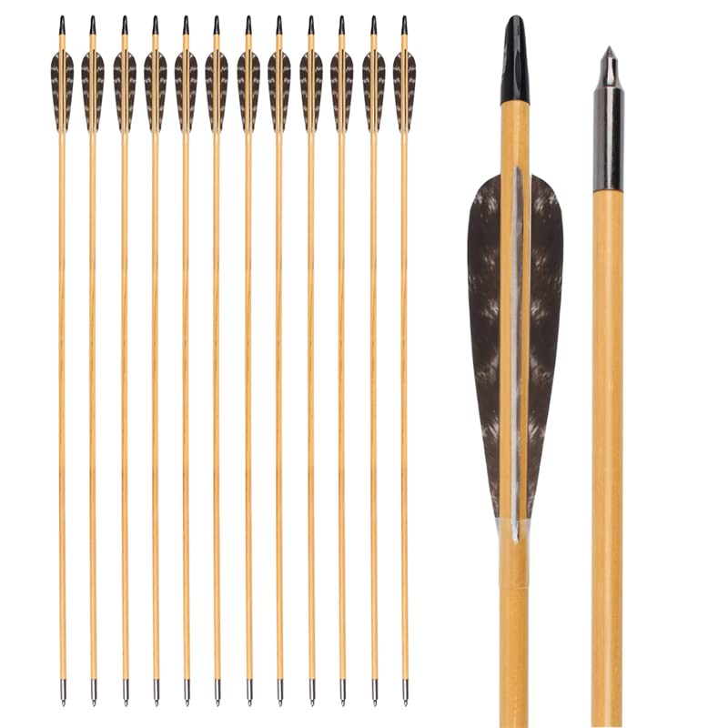ELONG OUTDOOR 32 Inch Wooden Feather Arrows 4 Inch Turkey Feathers Fletching Field Points Target Practice Arrow for Longbow Recurve Bow Traditional Horsebow