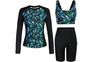 Jack Smith Womens Rash Guard Long Sleeve 3 Piece Swimsuits Full Coverage Zip Up Suits with Shorts Printed Tops UPF50+