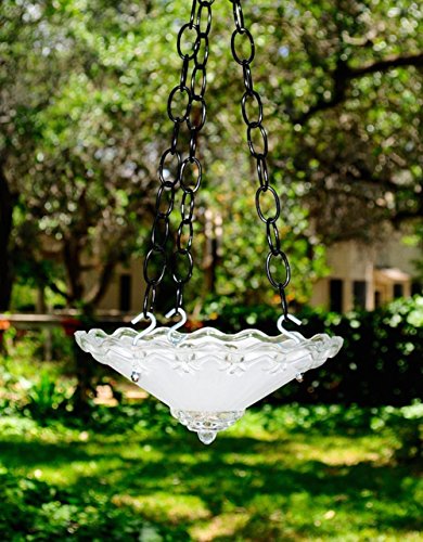 Vintage hanging glass bird feeder in frosted white with petite flower design