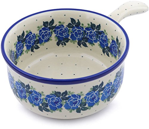 Click Here to See More Images Polish Pottery 10-inch Round Baker with Handles made by Ceramika Artystyczna (Blue Garland Theme) + Certificate of Authenticity