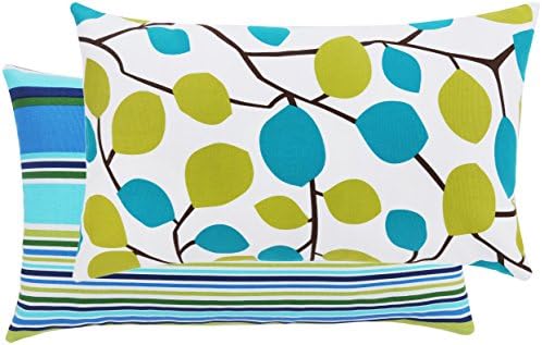 Loom Space Garden Collection Leaf and Stripe Cotton Decorative Lumbar Throw Pillow Cover, 12 x 20-Inch, White/Yellow/Blue
