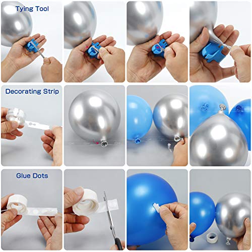 Blue Balloons Arch Garland Party Decorations Kit 114 Pack, Boy Baby Shower Balloons Set,Blue Sliver White Balloons + Foil Fringe Curtain + Paper Tissue Flower Pom Poms + Tissue Paper Fans for Birthday