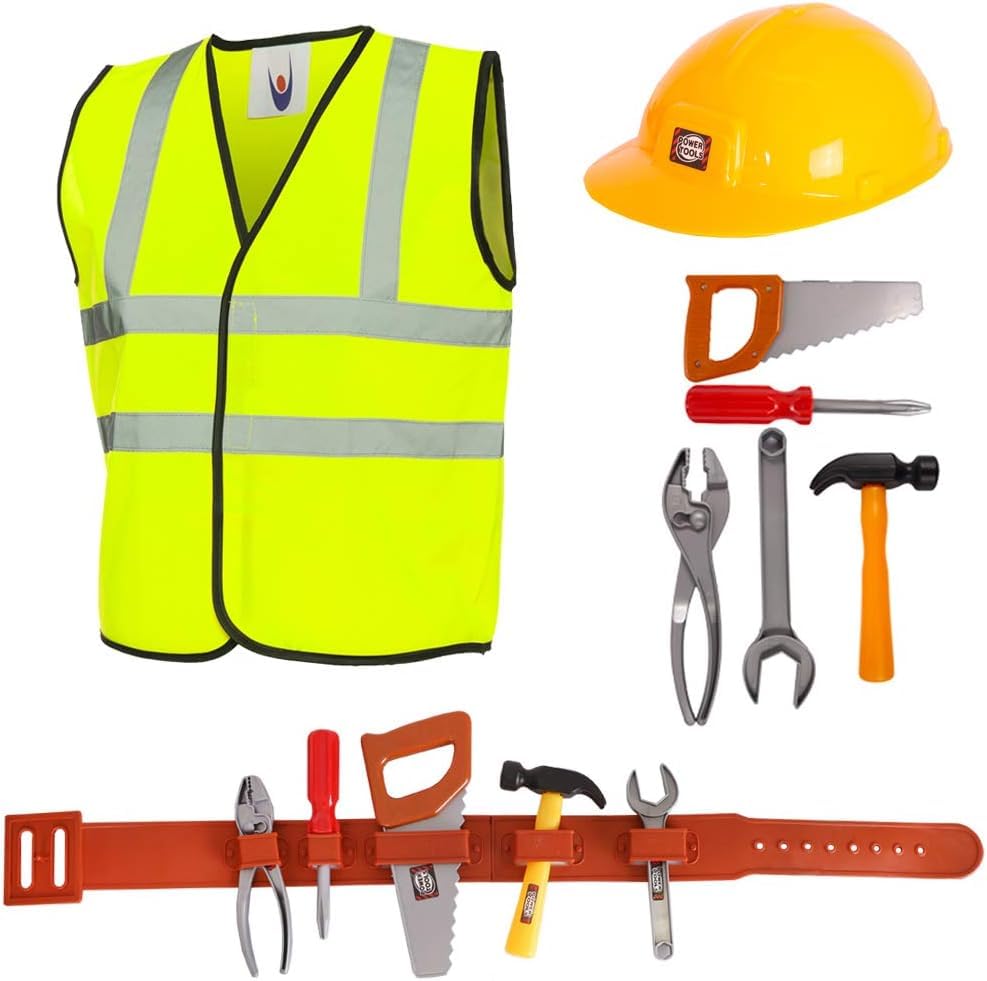 Childs Builder Playset Kids Toy Toolkit - 8 Pcs Builder Dress Up with Tool Belt (5 Unique tools) - Construction Worker Fancy Dress Costume For Boys & Girls (Medium - 7-9 Years)