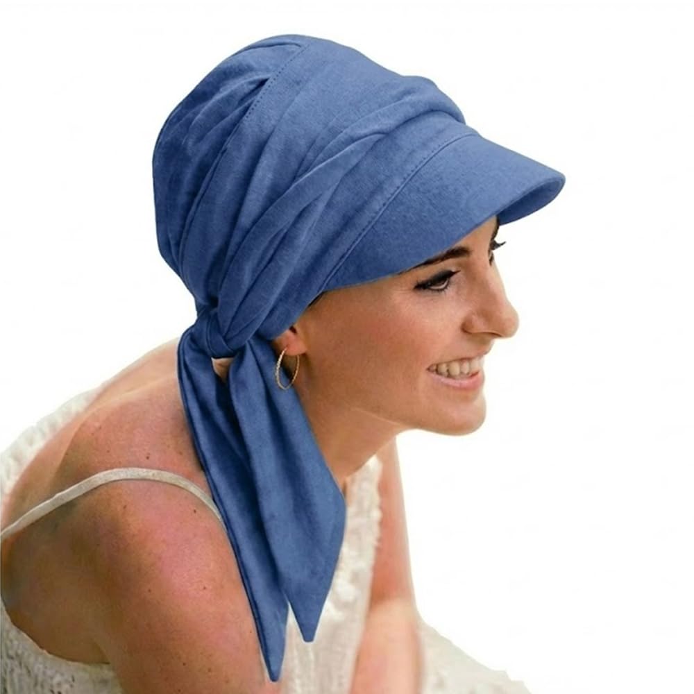 CAREBELL Amalfi Cap with long ribbons for Alopecia, Hair Loss, Cancer in Bamboo Fabric (BLUE 06)