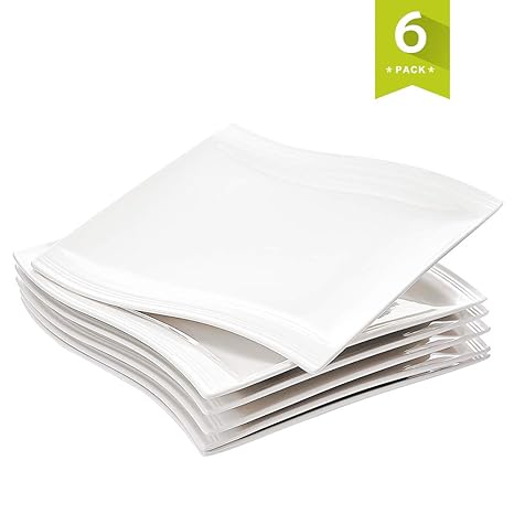 MALACASA, Serie Flora, 6 teilig Set Cremeweiß Porzellan Kuchenteller Dessertteller Frühstücksteller 8,25 Zoll / 21x21,5x2,5cm