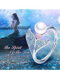 Forever Queen BJ09067 Anillo de cola de sirena, plata de ley 925 con forma de delfín, ajustable, anillo abierto para mujeres y niñas con circonita cúbica azul y perla de concha
