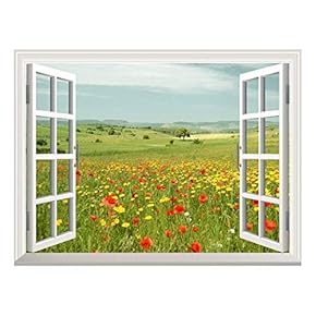 Removable Wall Sticker/Wall Mural - Beautiful Spring Field with Wild Flowers | Creative Window View Wall Decor - 24"x32"