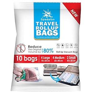 Travel Roll Up Bags – Pack of 10 (4 Large + 4 Medium + 2 Small) | Roll-Up Compression Storage | Double Zipper, Reusable…