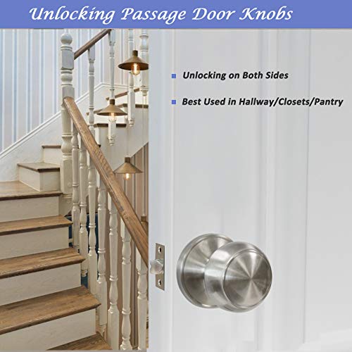 Door Knob Set of 5 Pack Passage Door Lock Brushed Nickel Interior Keyless Flat Door Knobs Handles Locksets - Thumbnail 2