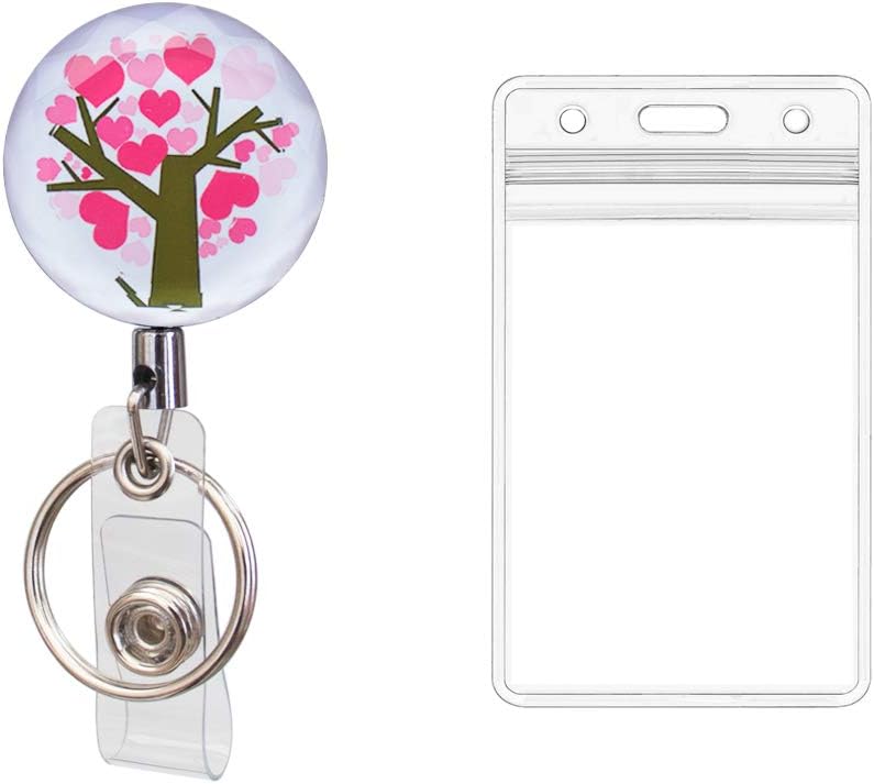 SayHi2U Heavy Duty Hearts Metal Retractable Badge Holder Reel with Alligator Clip, Key Ring and ID Card Holders, 25" Steel Wire Cord, Giving Tree Crystal Surface (Love Tree-Alligator)