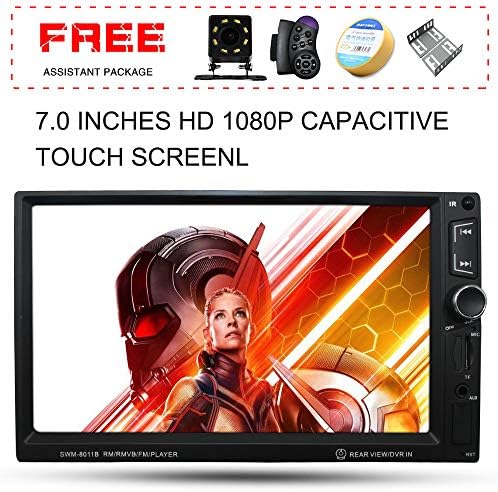 Upgraded 7 Inch Double Din Touch Screen Car Stereo Audio Receiver MP5 Player with Free Rear Camera and Steering Wheel Control and Remote Control Support PhoneLink/MP3/Radio/Bluetooth/Video