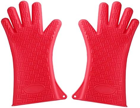 Extra-Long Silicone Cooking Gloves For Barbeque Grill, Outdoor Kitchen &amp; Oven - Red - 1 Pair