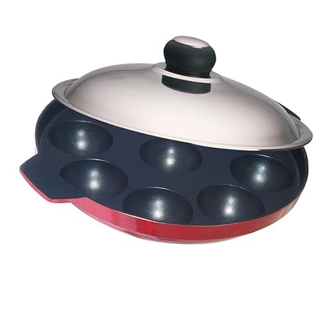Macclite Nonstick Appam 9 Kulis W.O.H with Steel Lid, Red