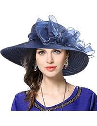 VECRY Lady Derby Dress Church Cloche Hat Bow Bucket Wedding Bowler Hats (Wide Brim-Navy, Medium)