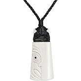 81stgeneration Hand-Carved Bone Paua Shell Large HEI Toki Pendant with Engraved Maori Warrior Face - NZ-Style Cord Neckace - Men's Surfer Accessory - Handmade Tribal Statement Jewelry for Women