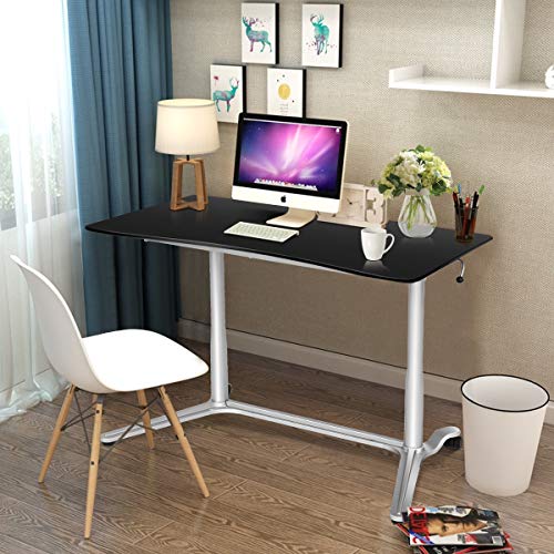 Tangkula Standing Desk Computer Desk, Height Adjustable Sit Stand Desk with Movable Wheels, Portable Writing Study Laptop Table of Iron Pipe Frame, MDF, PVC Tabletop, for Home Office Dorm, Black
