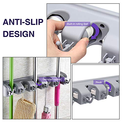 Veeca Skidproof Mop and Broom Holder Garden Tool Organizer with 5 Position and 6 Hooks Wall Mounted Garage Hanger for Kitchen, Garage, Garden, Warehouse