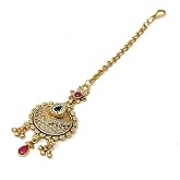 Duel On Jewel Traditional Indian Maang Tikka Matha Patti Forehead Headpiece for Women, Gold Plated Bridal Hair Dance Party Jewelry in Kundan CZ Red Green White Stones, Teardrop Charms, 4.25-5.5 Inch
