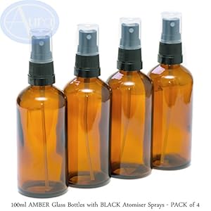 100ml-AMBER-Glass-Bottles-with-BLACK-Atomiser-Sprays-PACK-of-4 PACK of 4-100ml AMBER GLASS Bottles with Black ATOMISER Sprays. Essential Oil/Aromatherapy Use