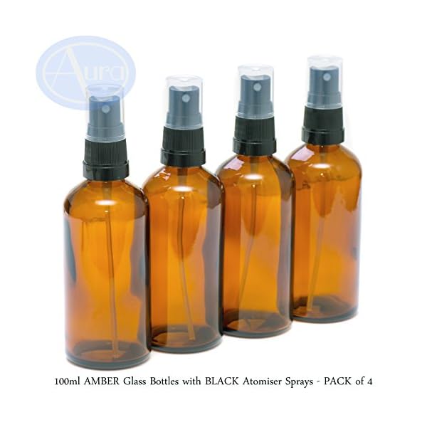 100ml-AMBER-Glass-Bottles-with-BLACK-Atomiser-Sprays-PACK-of-4 PACK of 4-100ml AMBER GLASS Bottles with Black ATOMISER Sprays. Essential Oil/Aromatherapy Use