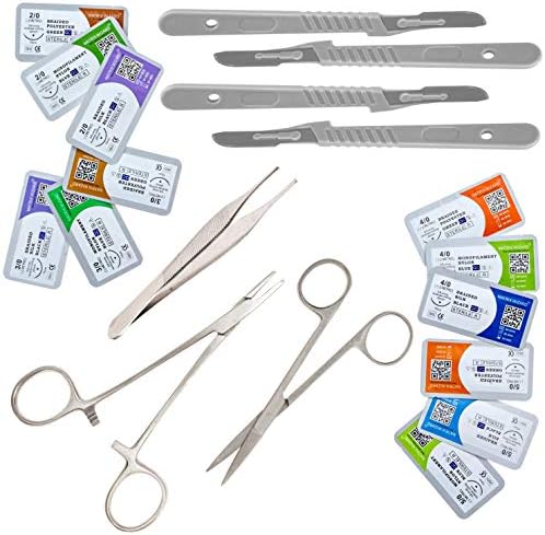 Suture Threads with Needle + Training Tools for Tactical Clinical Demo; Medical, Nursing, EMT, Paramedic and Veterinary Student, Emergency First Aid Practice (PK12 2-0, 3-0, 4-0, 5-0 w 7 Tools)
