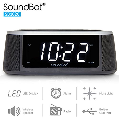 SoundBot SB1020 FM RADIO Bluetooth Wireless Speaker & Dual Alarm Clock for Music Streaming w/FM Tuner, 2.1A USB Charging Output, 3.5mm AUX Line-In, LED Night Light
