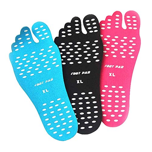 Fenta Barefoot Invisable Shoes Insole Stick For Beach Wear Yoga Spa Indoor Wear (black+blue+pink/3 pairs total, Large)