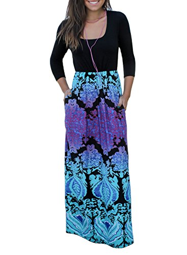 ZESICA Women's 3/4 Sleeve Floral Printed High Waist Pocket Long Maxi Dress,Aque,X-Large