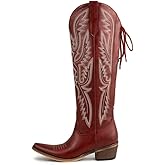 Atuelang Western Cowboy Boots for Women Knee High Wide Calf Lace Up Embroidered Cowgirl Boots