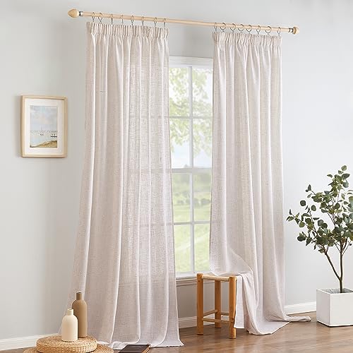 Woaboy Linen Curtains with Frunction Tape Curtains Bedroom Window Translucent Modern Curtains for Living Room Bedroom 2 Pieces 140 x 260 cm White Bleached