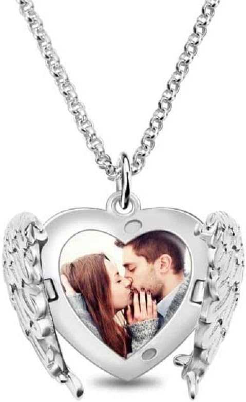 Personalized Engraved Photo Necklace, Customized Angel Wings Sterling Silver Heart Picture Locket Necklace for Gift，925 Sterling Silver